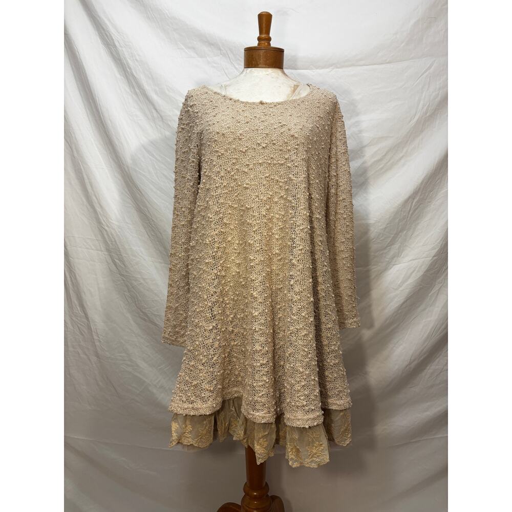 Altar'd State Layered Textured Ivory Beige Long Sleeve Knit Dress (Large)